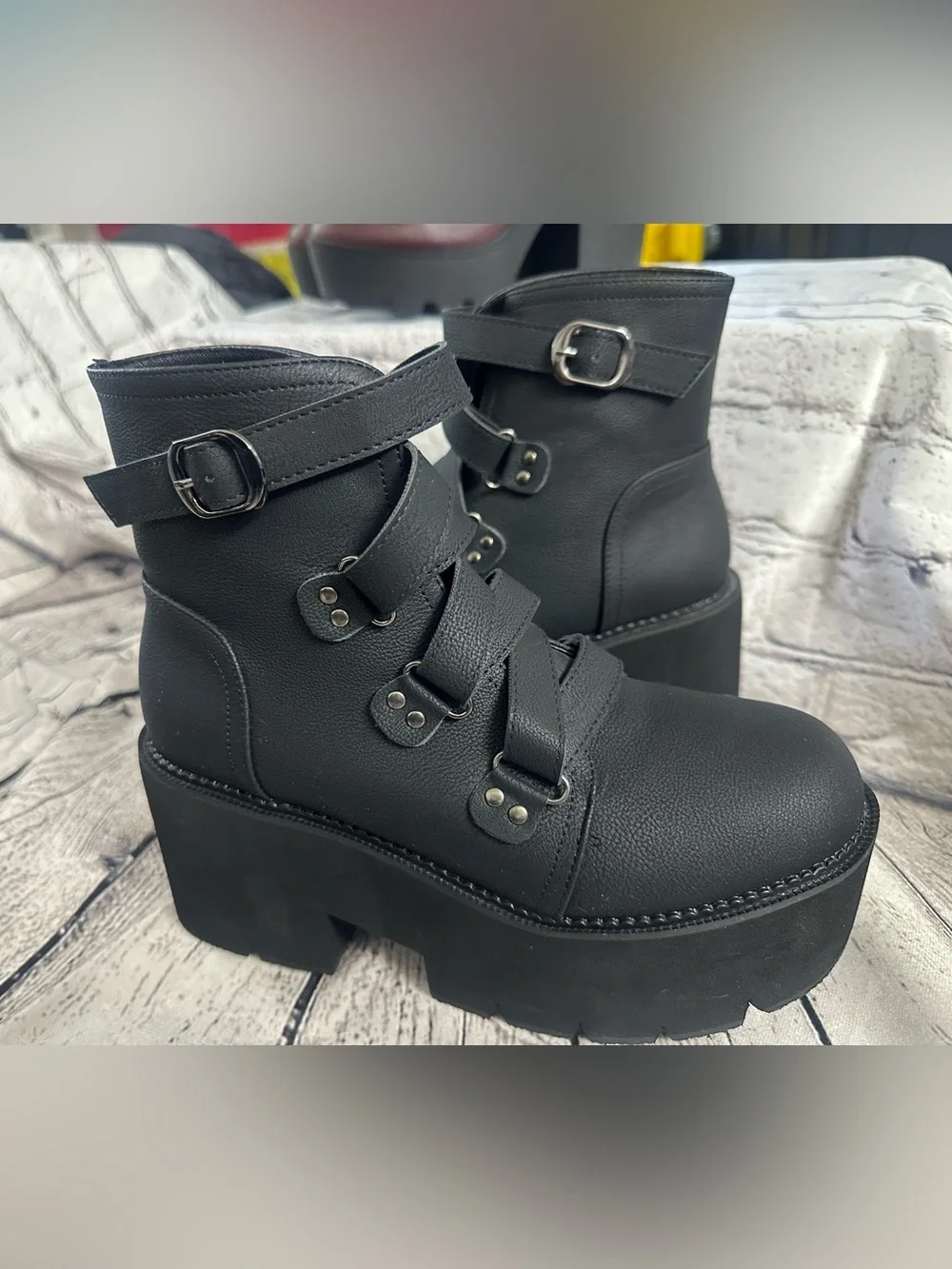 Women's Black Platform Ankle Boots with Buckle Straps